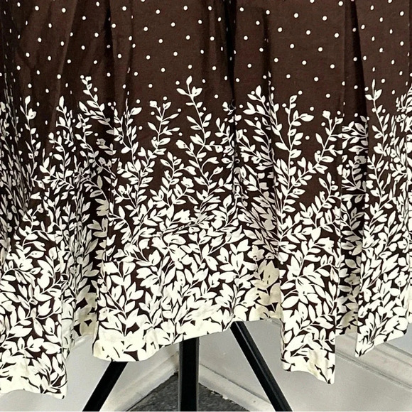 Women 8P Brown Polka Dot Floral Dress Pleated‎ Tie Sash Classic Dainty Pin Up - Picture 9 of 16